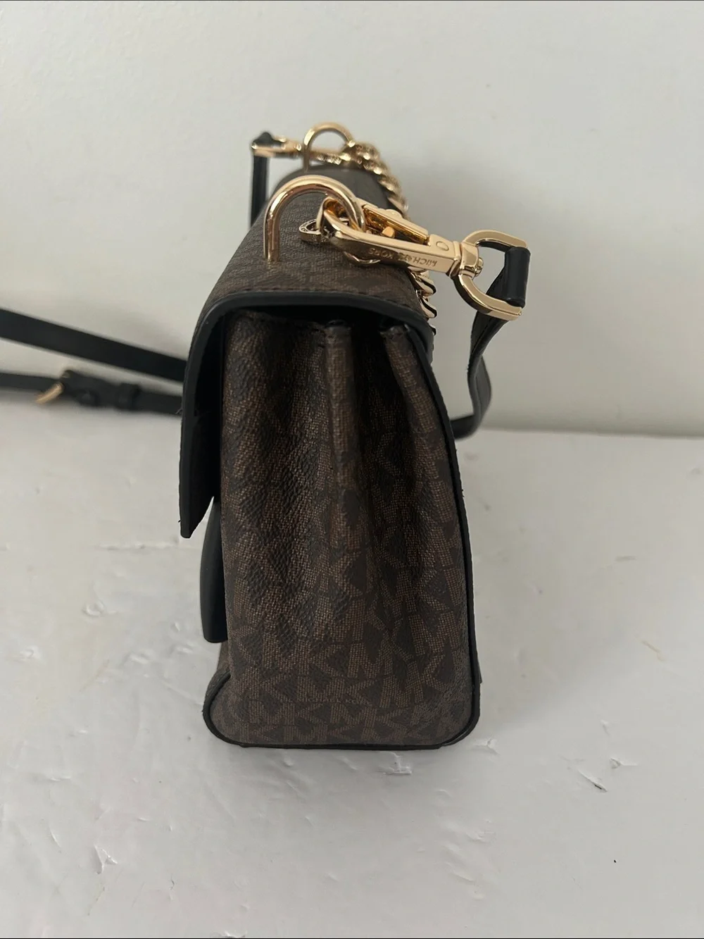 Michael Kors Lita Brown and Black Logo Crossbody with handle Gold Chain